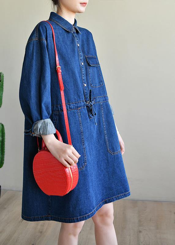 Vintage Blue Long sleeve Cotton Spring Dress - bagstylebliss