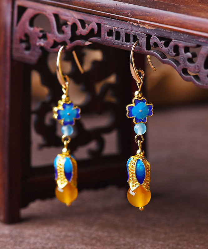 Vintage Blue Metal Agate 14K Gold Original Design Drop Earrings