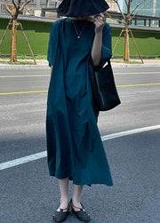 Vintage Blue O Neck High Waist Cotton Long Dress Half Sleeve