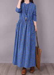 Vintage Blue O-Neck Wrinkled Print Linen Dress Long Sleeve