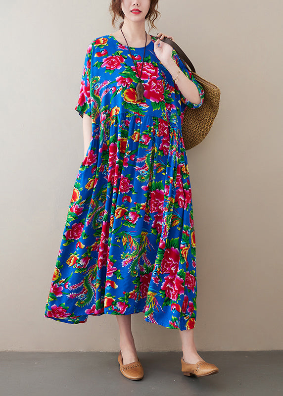 Vintage Blue O-Neck wrinkled Floral Print Long Dress Short Sleeve