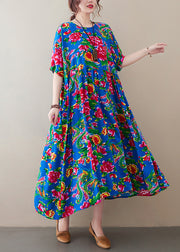 Vintage Blue O-Neck wrinkled Floral Print Long Dress Short Sleeve