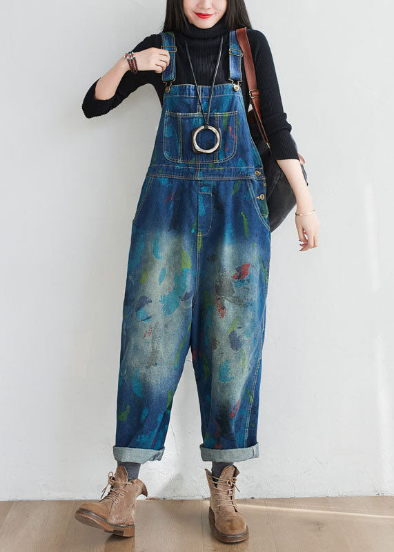 Vintage Blue Patchwork Print Denim Jumpsuit Spring