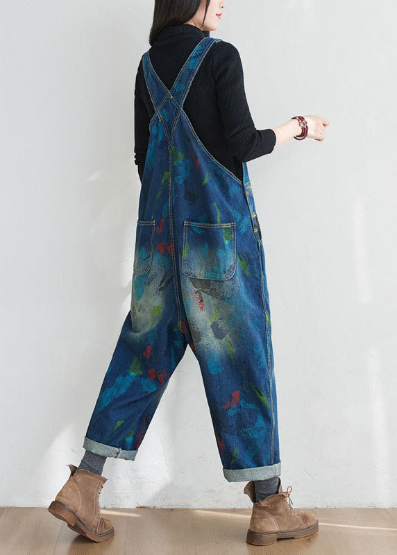 Vintage Blue Patchwork Print Denim Jumpsuit Spring