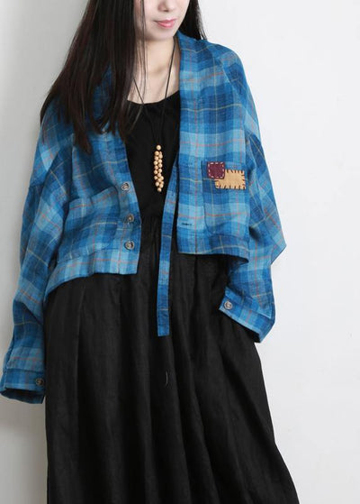 Vintage Blue Plaid Batwing Sleeve Linen Summer Shirt Tops - bagstylebliss