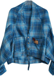 Vintage Blue Plaid Batwing Sleeve Linen Summer Shirt Tops - bagstylebliss