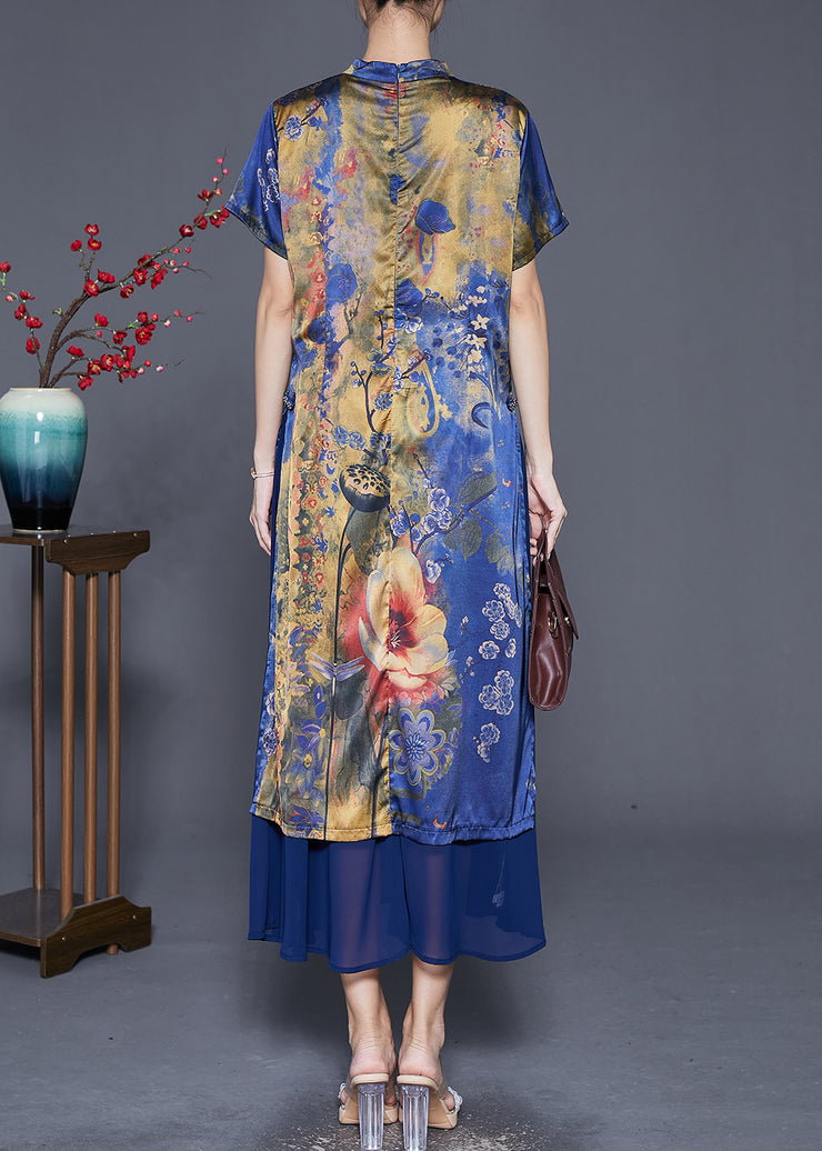 Vintage Blue Print Patchwork Silk Maxi Dresses Summer