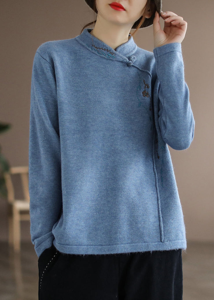 Vintage Blue Stand Collar Embroideried thick Knitted Sweater Long Sleeve