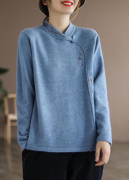 Vintage Blue Stand Collar Embroideried thick Knitted Sweater Long Sleeve