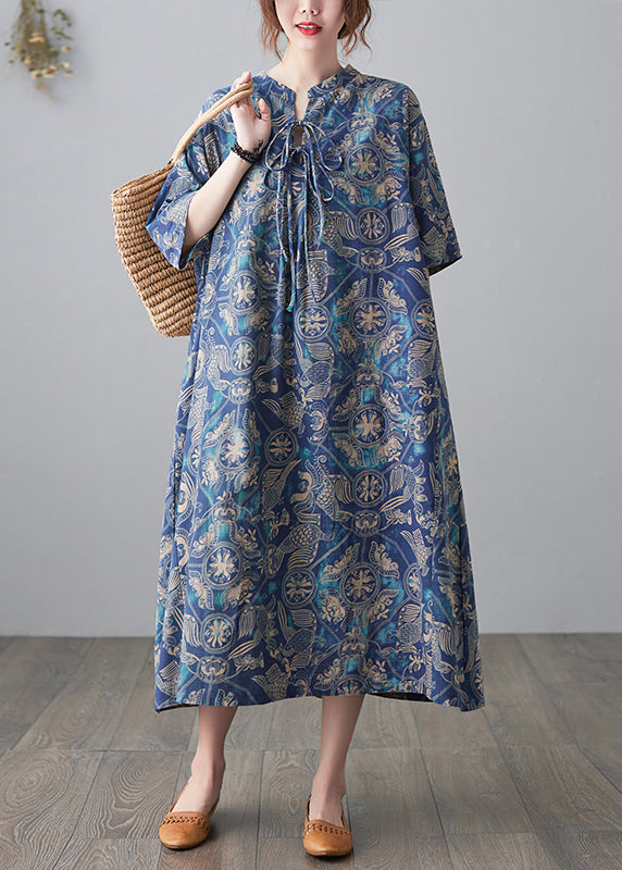 Vintage Blue Stand Collar Lace Up Print Linen Dresses Half Sleeve