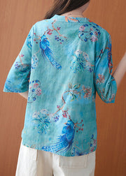 Vintage blau Stehkragen Print Button Tops Frühling