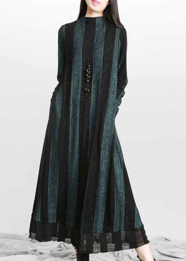 Vintage Blue Striped PatchworkChiffon Fall Long Dresses - bagstylebliss