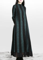 Vintage Blue Striped PatchworkChiffon Fall Long Dresses - bagstylebliss