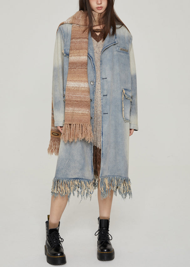 Vintage Blue Tasseled Pockets Patchwork Denim Long Coats Fall