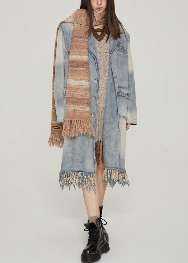 Vintage Blue Tasseled Pockets Patchwork Denim Long Coats Fall