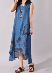 Vintage Blue Women Folk Style Ink Painting Floral Sleeveless Dress Summer