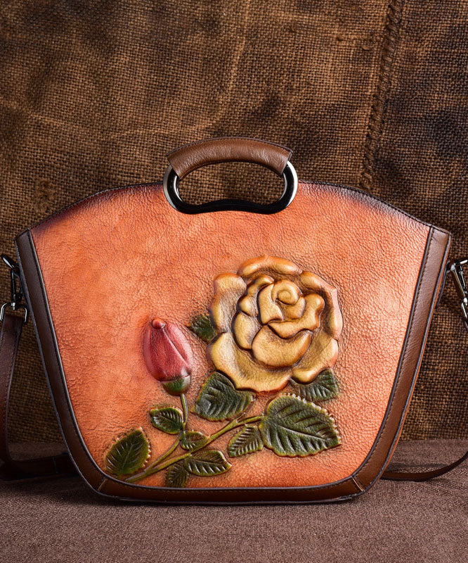 Vintage Brown Flower Jacquard Calf Leather Tote Handbag