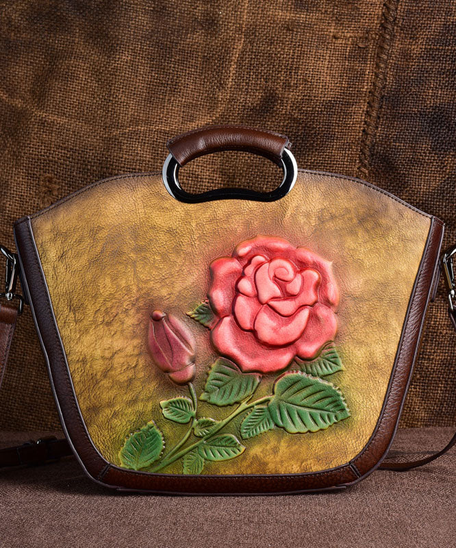 Vintage Brown Flower Jacquard Calf Leather Tote Handbag