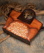 Vintage Brown Jacquard Patchwork Calf Leather Tote Handbag