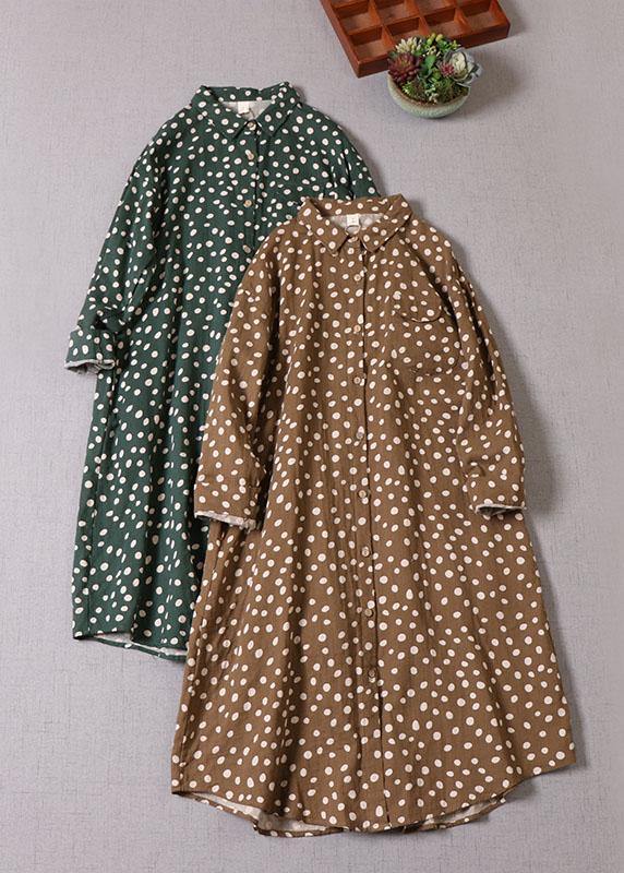 Vintage Brown Patchwork Pockets Button Fall Print Dress Long sleeve - bagstylebliss