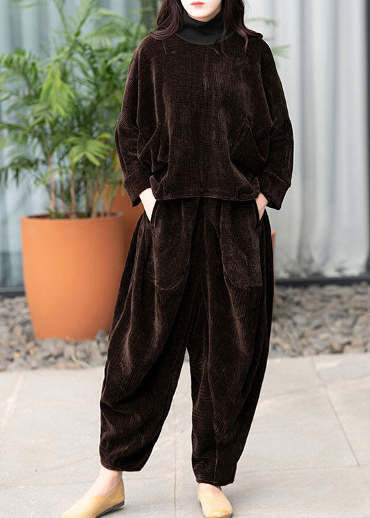 Vintage Chocolate Corduroy Pockets Thick Harem Winter Pants Trousers