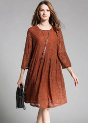 Vintage Chocolate Hollow Out Embroideried Patchwork Spring Three Quarter Sleeve Spring Dresses - bagstylebliss