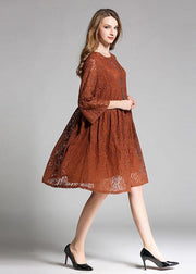 Vintage Chocolate Hollow Out Embroideried Patchwork Spring Three Quarter Sleeve Spring Dresses - bagstylebliss