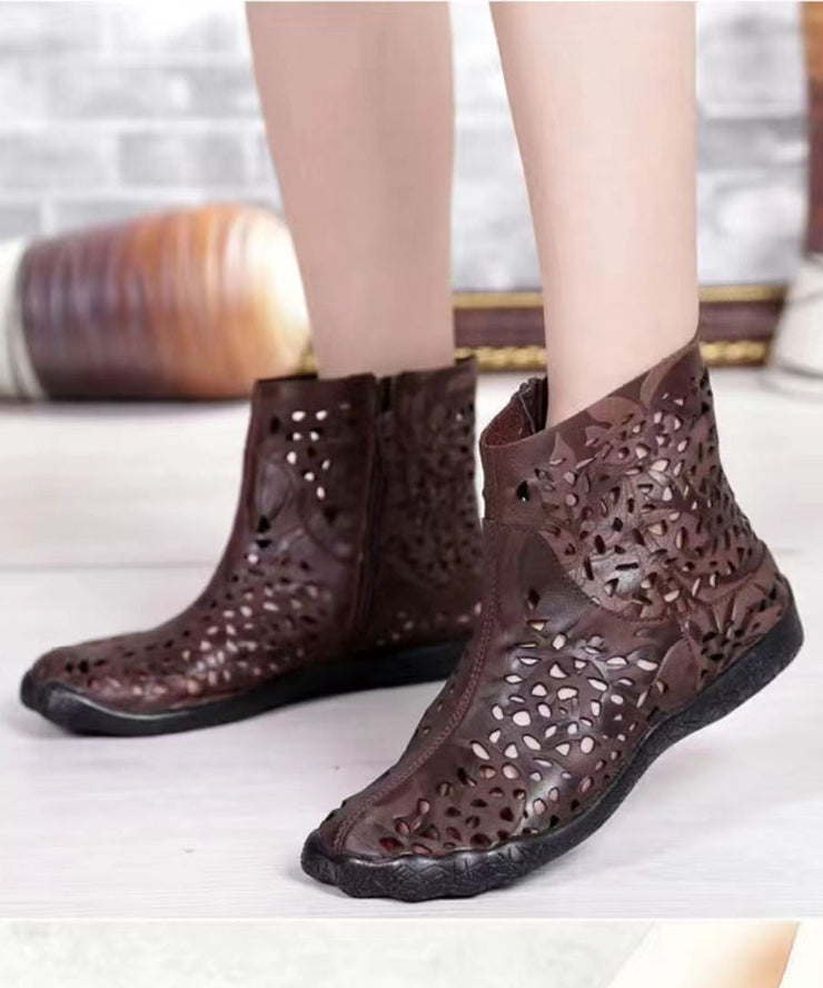 Vintage Coffee Hollow Out Zippered Splicing Cowhide Leather Boots