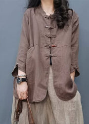 Vintage Chocolate Mandarin Collar Button Cotton Linen Coat Long Sleeve