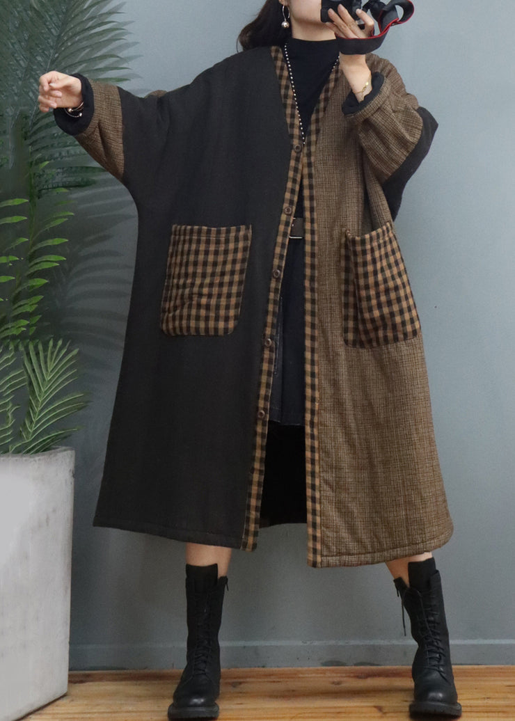 Vintage Coffee Plaid Pockets Patchwork Thick Long Coat Fall