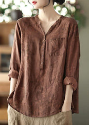 Vintage Coffee V Neck Button Patchwork Linen Shirts Spring