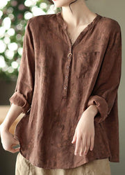 Vintage Coffee V Neck Button Patchwork Linen Shirts Spring