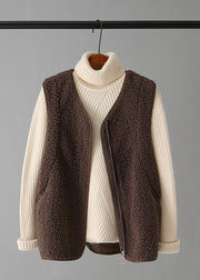 Vintage Coffee V Neck Zippered Faux Fur Waistcoat Fall