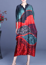 Vintage Color block Bat wing Sleeve Print Silk Dress