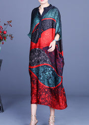 Vintage Color block Bat wing Sleeve Print Silk Dress