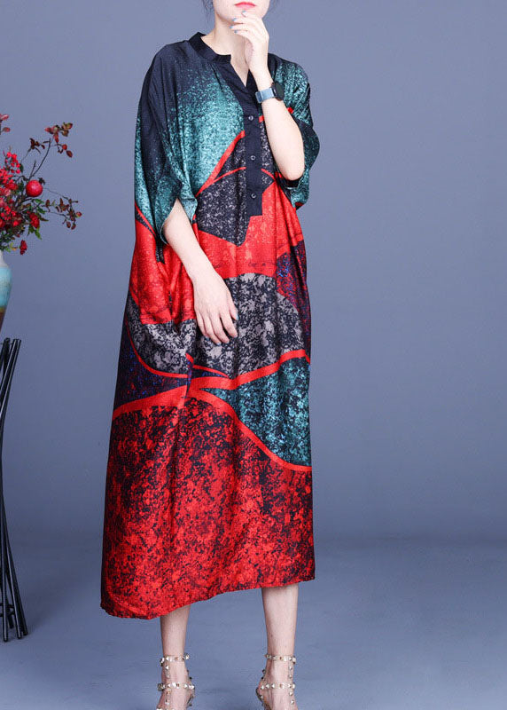 Vintage Color block Bat wing Sleeve Print Silk Dress