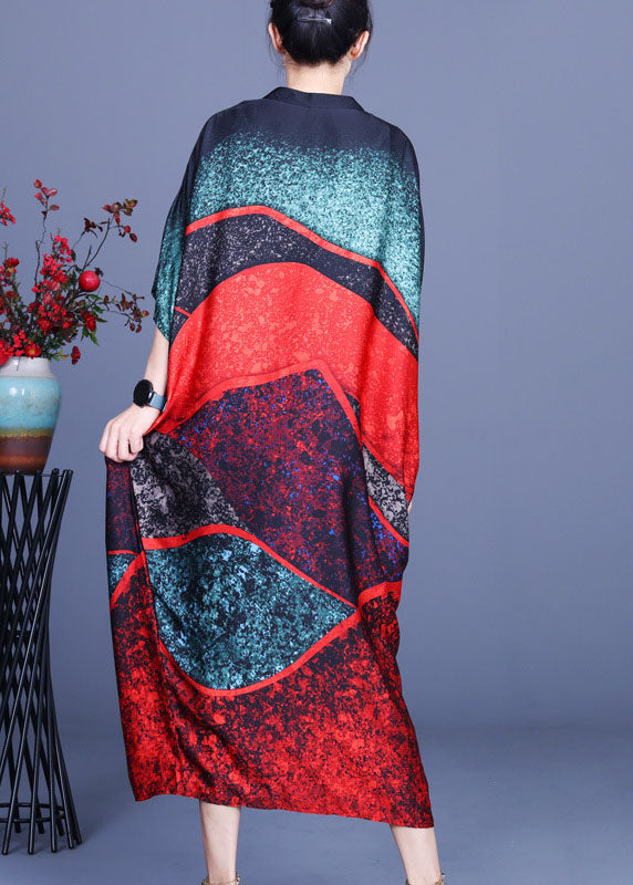 Vintage Color block Bat wing Sleeve Print Silk Dress