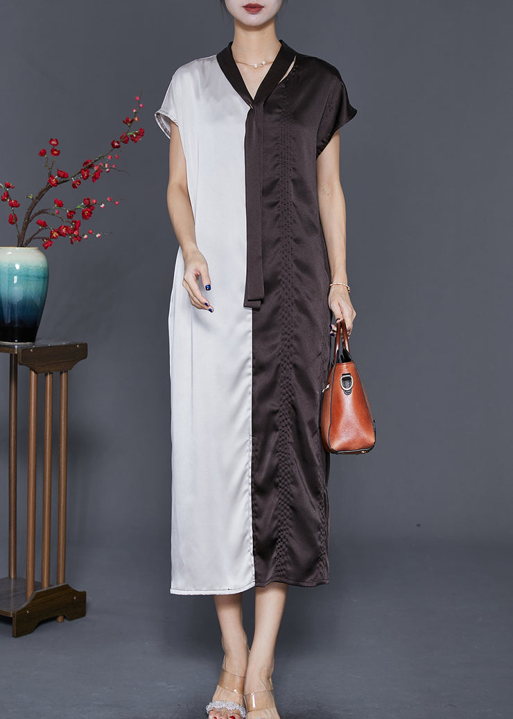 Vintage Colorblock Bow Neck Patchwork Silk Long Dresses Summer