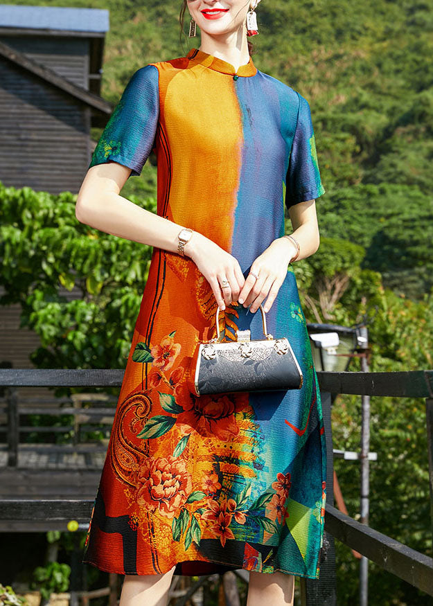 Vintage Colorblock Mandarin Collar Print Silk Cheongsam Dress Short Sleeve