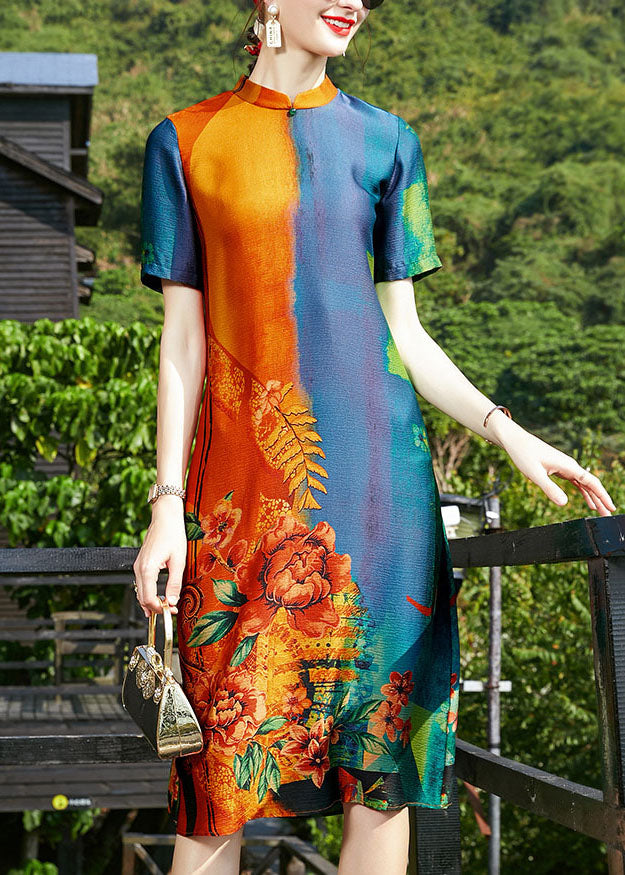 Vintage Colorblock Stehkragen Print Seide Cheongsam Kleid Kurzarm