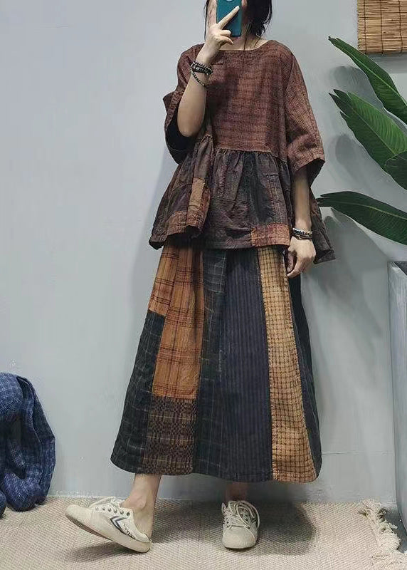 Vintage Colorblock Oversized Patchwork Plaid Linen A Line Skirts Summer