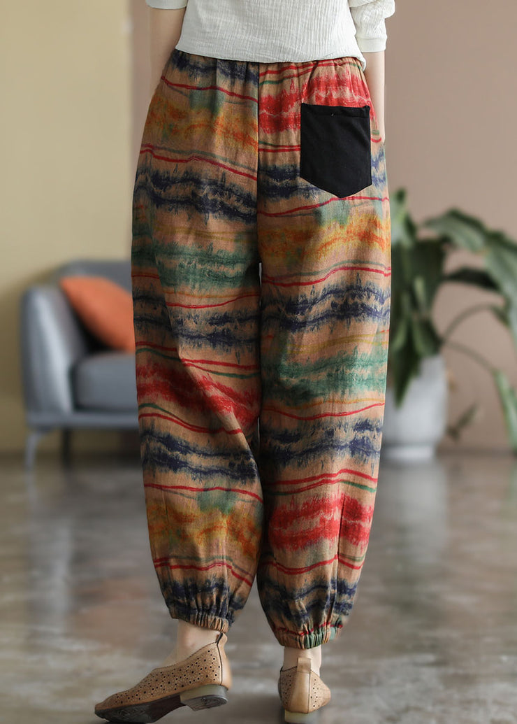 Vintage Colorblock elastic waist Pockets Patchwork Print lantern Pants Spring