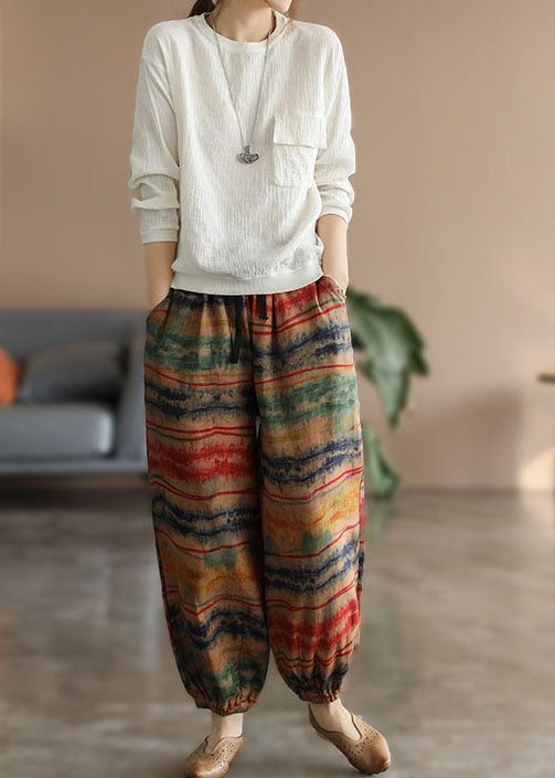 Vintage Colorblock elastic waist Pockets Patchwork Print lantern Pants Spring