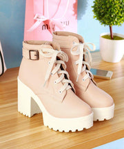 Vintage Cross Strap Chunky Boots Pink Faux Leather - bagstylebliss