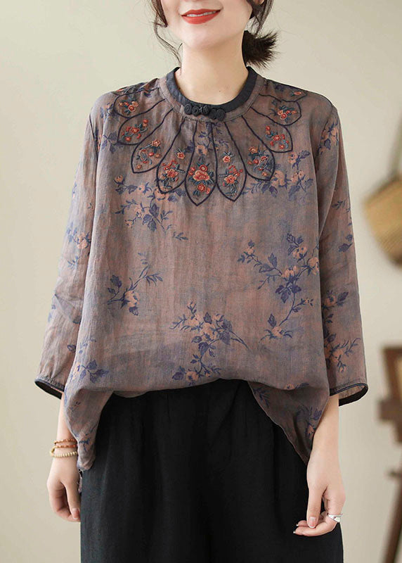 Vintage Dark Purple Embroideried Print Linen Tops Spring