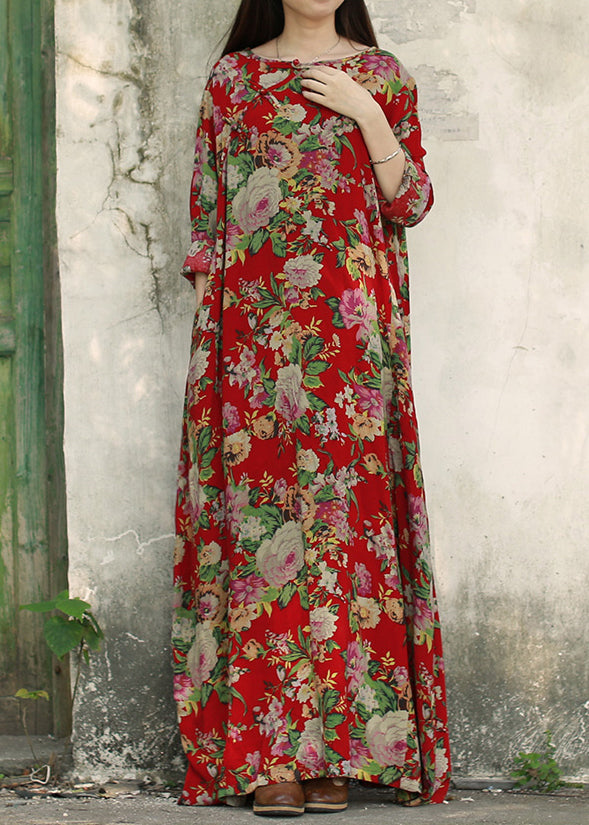 Vintage Dark Red O-Neck Pocket Print Cotton Long Dresses Long Sleeve