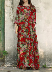 Vintage Dark Red O-Neck Pocket Print Cotton Long Dresses Long Sleeve