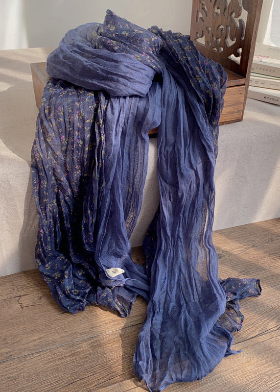 Vintage Deep Blue Print Pleated Cotton Scarf