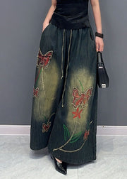 Vintage Floral Embroidered Pockets Wide Leg Jeans