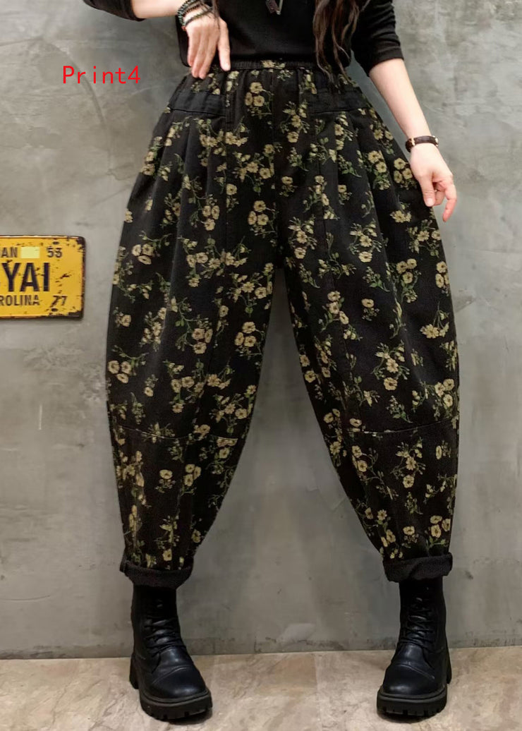 Vintage Floral Print Elastic Waist Denim Harlan Pants Autumn